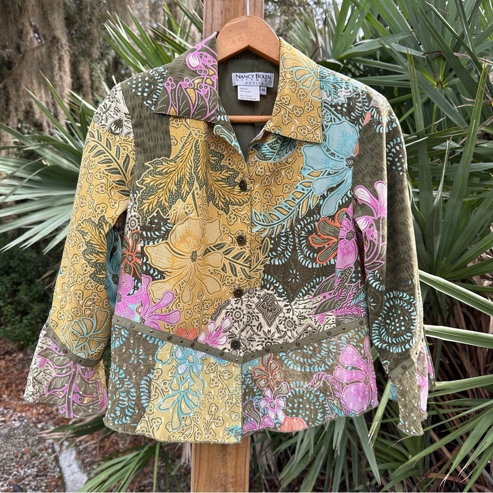 Nancy Bolen City Girl Petite Silk Patchwork Floral Studded Jacket Green XS Boho
